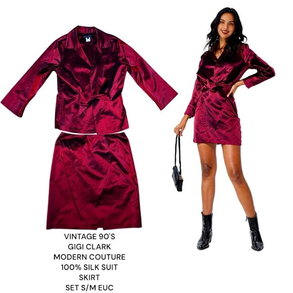 2 PC. VINTAGE 90'S GIGI CLARK 100% SILK BURGUNDY RED SUIT SET S/M‎ EUC - Picture 1 of 6